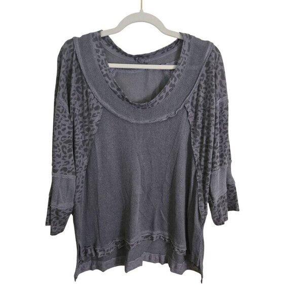 POL Charcoal Leopard Print Mixed Media Bohemian Top Size L - Picture 2 of 7